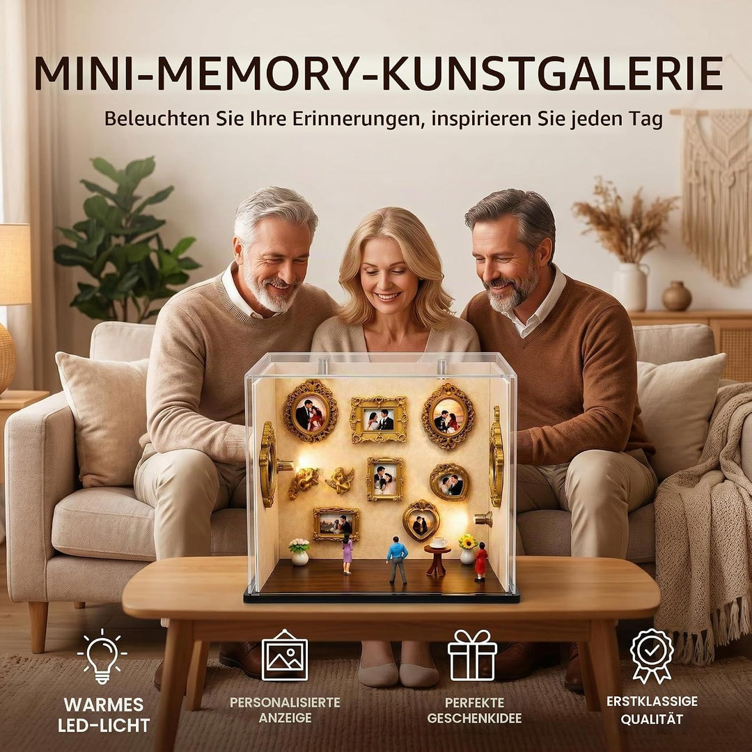 Mini Museum Bilderrahmen, 9 Stück Holz Schattenbilderrahmen Set mit 3 Miniaturfiguren und 4 LED Bele