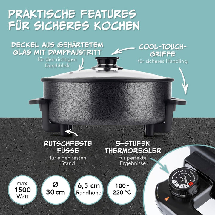 GOURMETmaxx elektrische Pizza-Pfanne mit Thermostat, Glasdeckel & Antihaftbeschichtung | Multifunkti