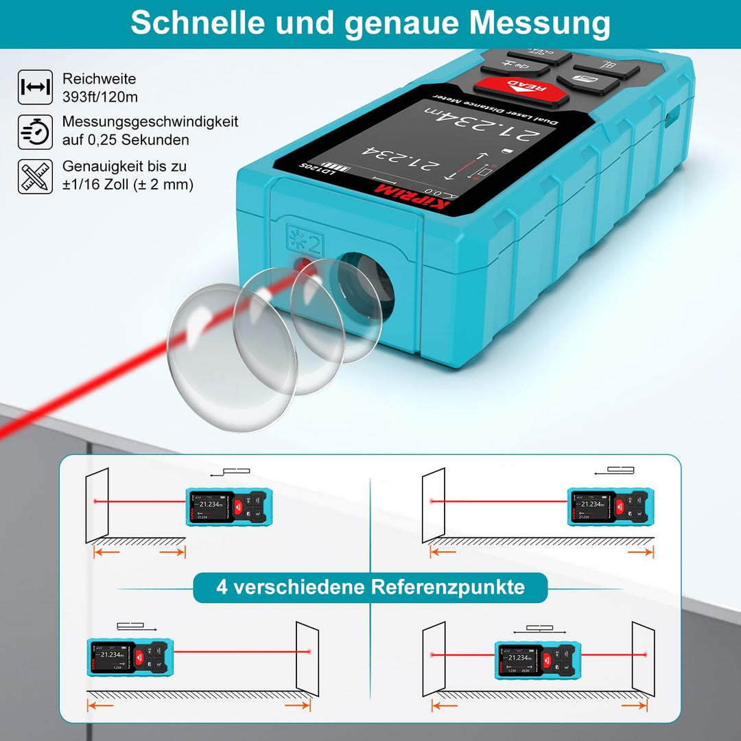 Kiprim 120m Bilaterale Laser Entfernungsmesser Elektronische Wasserwaage, Präzise Messungen und Pyth