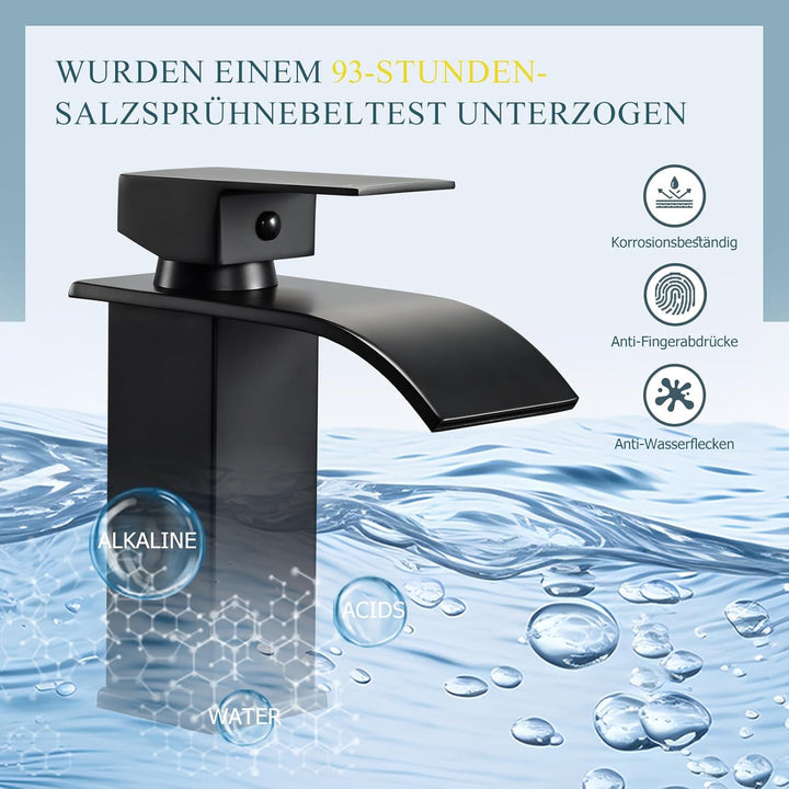 Schwarzer Wasserfall Wasserhahn, Matt Schwarz Waschtischarmatur für Badezimmer, Einhebelmischer Warm