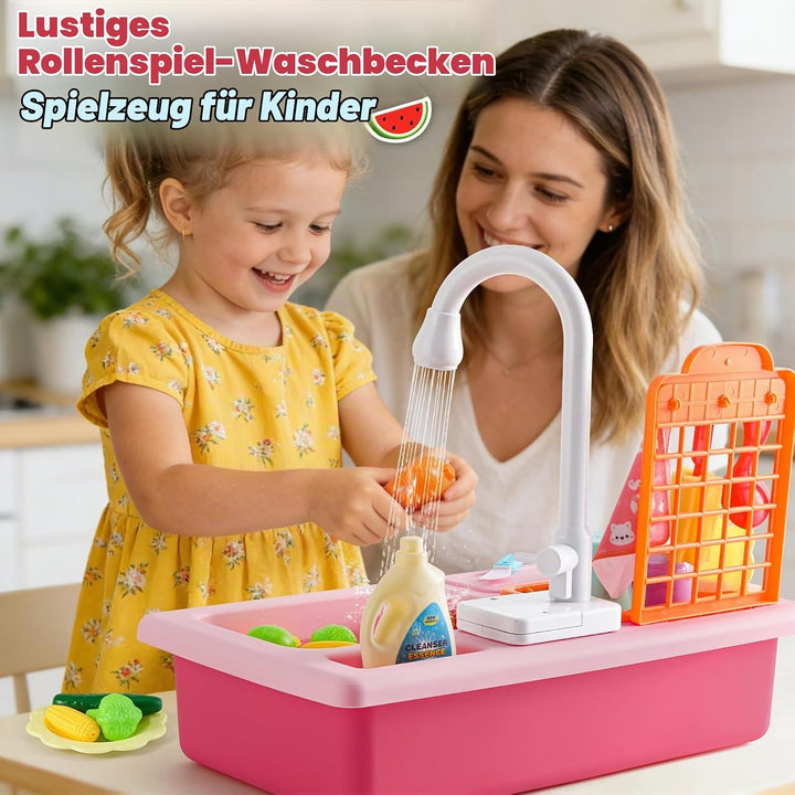 Mini Tudou Kinderwaschbecken Spielzeug,Spielspüle Spielzeug mit Automatischem Wasserzyklus-System, E