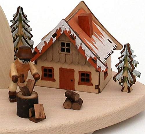 Holz Teelicht-Pyramide mit Szene, für 3 Teelichte, Motiv: Holzhacker mit Hackstock, Rehe und Haus, c