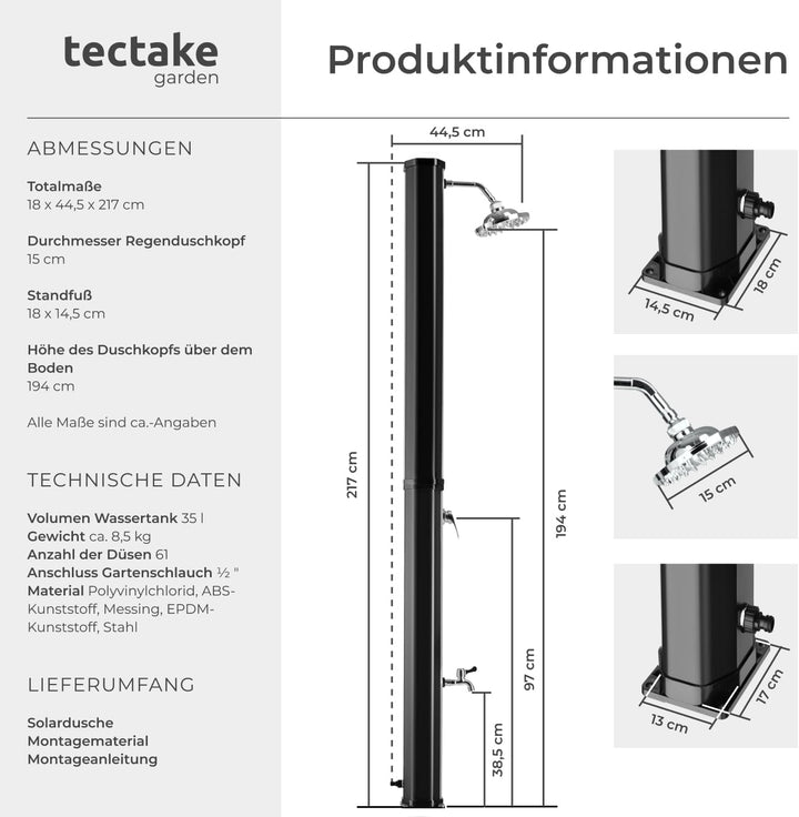 tectake® Solardusche 35 Liter, Gartendusche Regenduschkopf und Wasserhahn, warmes Wasser für Garten,