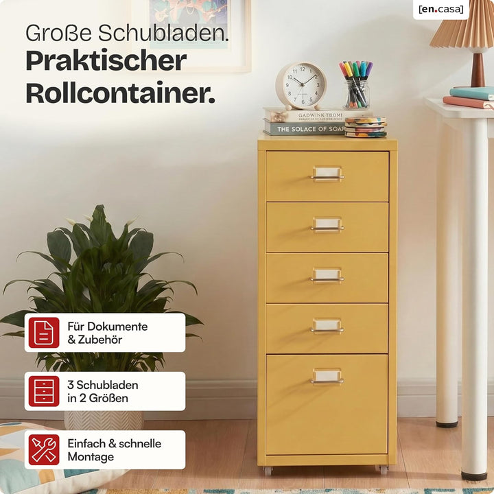 [en.casa] Rollcontainer Kökar Schubladenschrank Metall Aktenschrank mit 5 Schubladen Bürowagen mit R