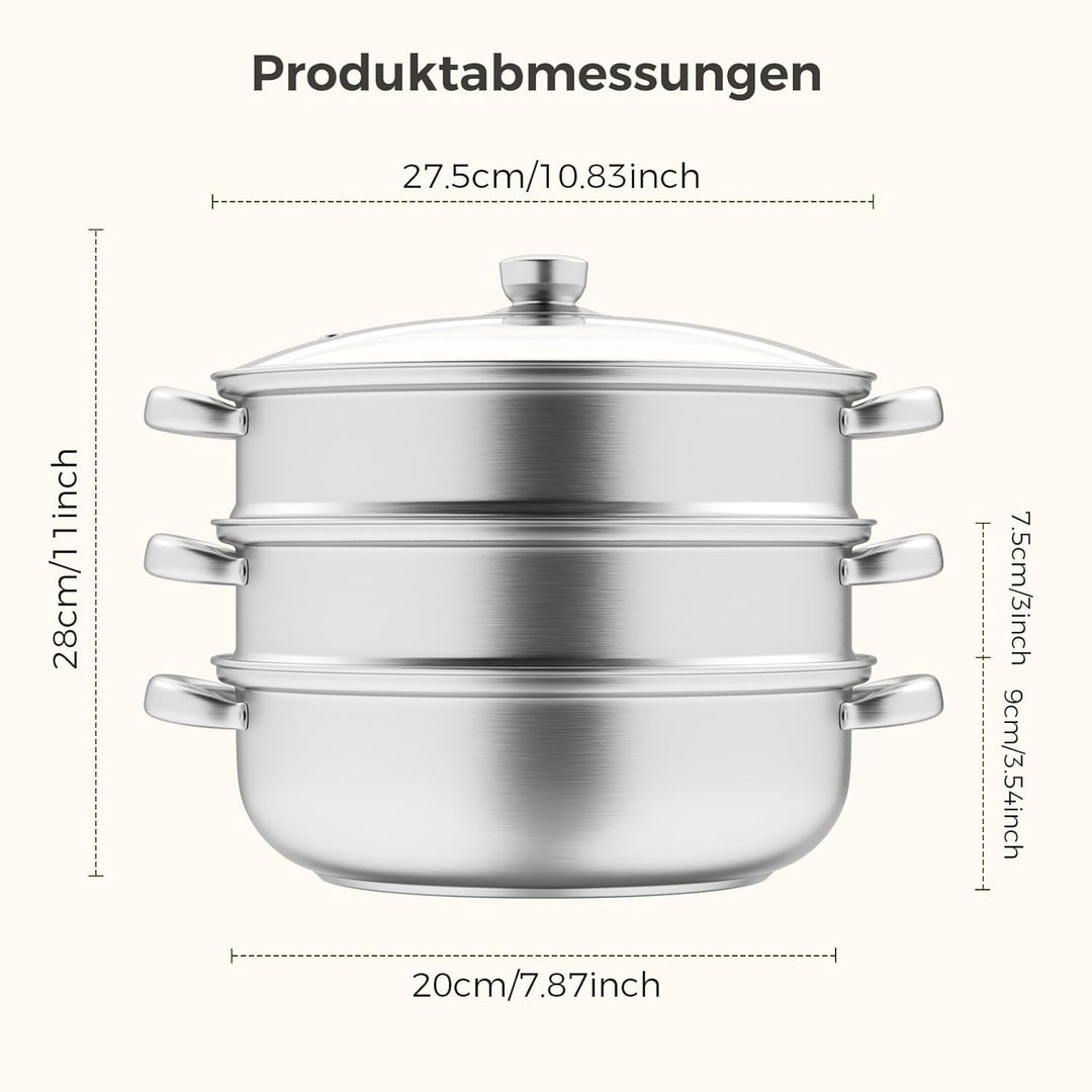 Dampfgarer zum Kochen – 28 cm Edelstahl-Dampfgarer mit Dämpfeinsatz, 3/4/5-stöckiges Kochgeschirr mi