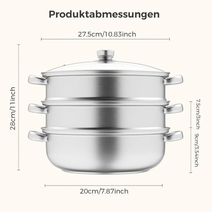 Dampfgarer zum Kochen – 28 cm Edelstahl-Dampfgarer mit Dämpfeinsatz, 3/4/5-stöckiges Kochgeschirr mi