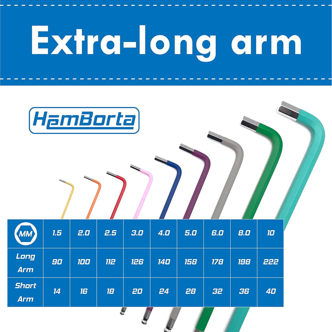 HemBorta® Innensechskant Satz Extra Lang 9 tlg mit Kugelkopf 1.5–10mm, Profi Innensechskantschlüssel