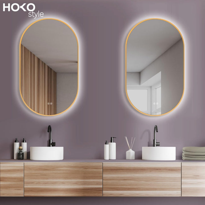 HOKO Design LED Antibeschlag Badspiegel oval 50x90 cm / 90x50 cm Carrara mit Metall Rahmen Gold. HOC