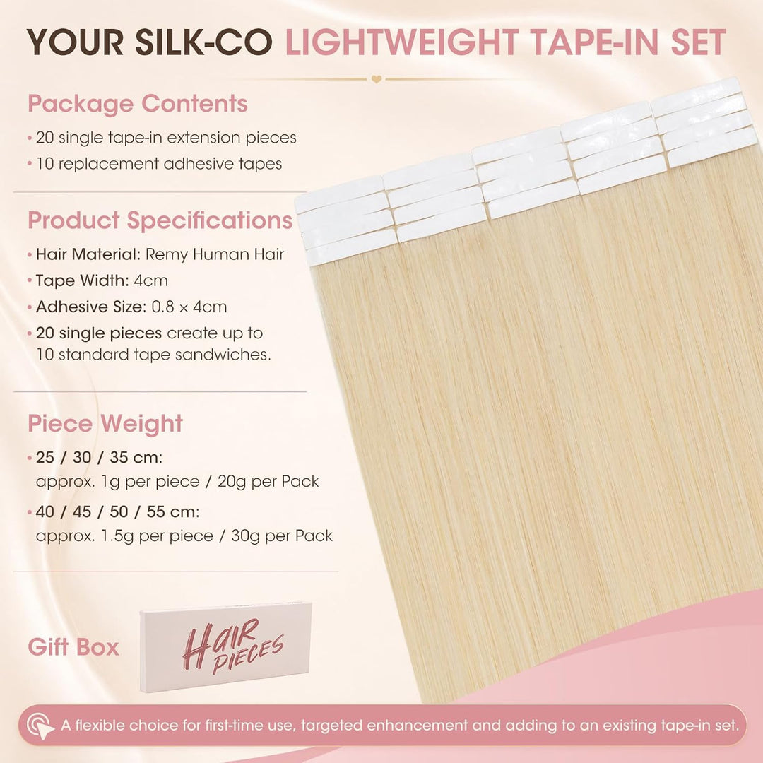 Silk-co Tape Extensions Echthaar 20g, leicht Version Tape in Extensions Echthaar 20pcs, Remy Invisib
