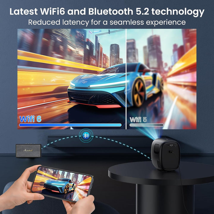 Smart Mini Beamer,1080p mit Beamer 4K, automatische trapezförmige Kompensation, mit WiFi 6 und Bluet