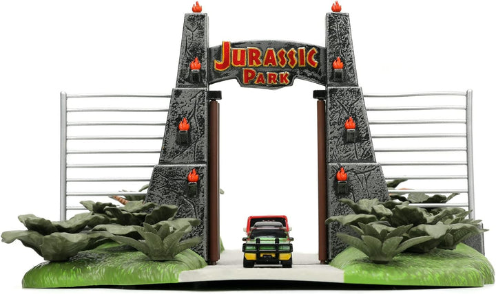 Jada Toys Jurassic World Nano Scene (17x18 cm) - Spiel-Kulisse mit Jurassic Park Tor, 2 Metall-Autos