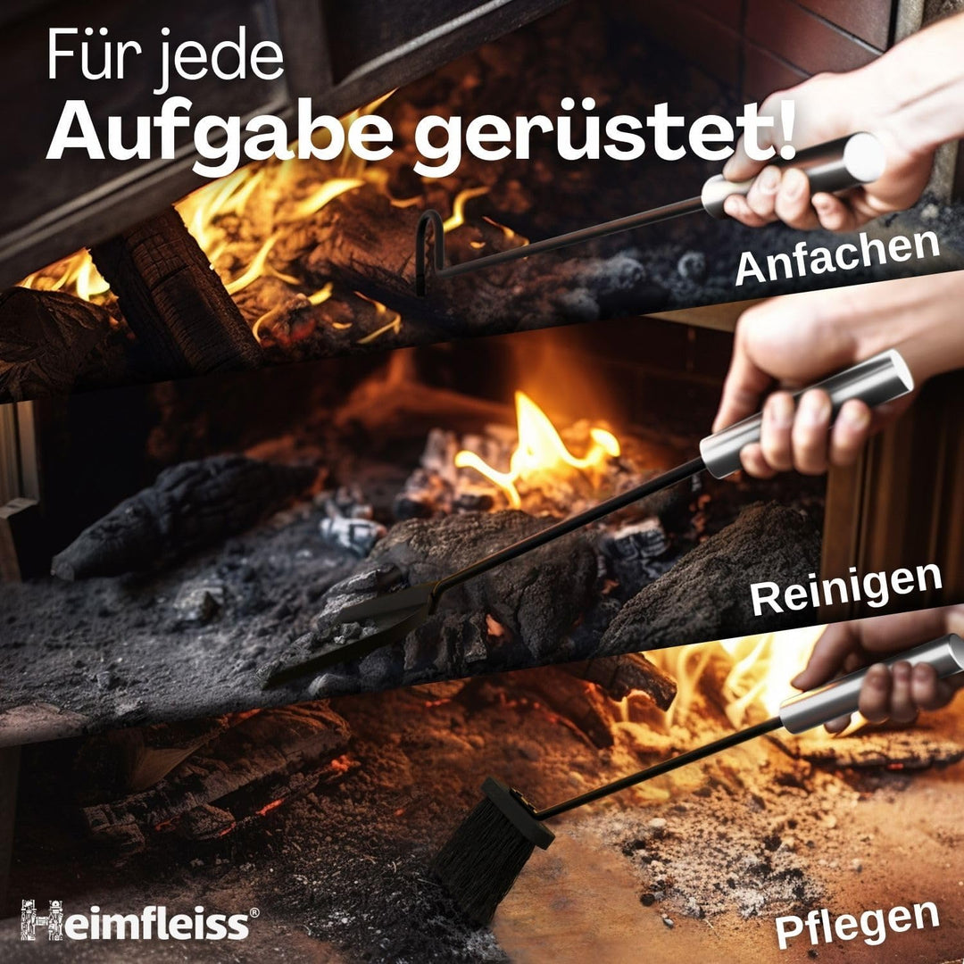 Heimfleiss® Kaminbesteck Schwarz Modern | Ofenbesteck Kaminbesteck Set | Kaminzubehör mit Edelstahl