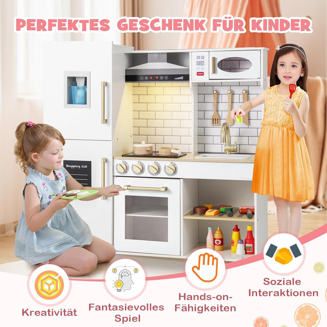DREAMADE Kinderküche Holz mit 10 TLG. Zubehör, Holzküche Kinder Küche mit Herd Dunstabzugshaube Eism