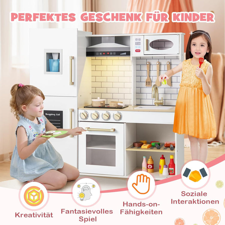 DREAMADE Kinderküche Holz mit 10 TLG. Zubehör, Holzküche Kinder Küche mit Herd Dunstabzugshaube Eism