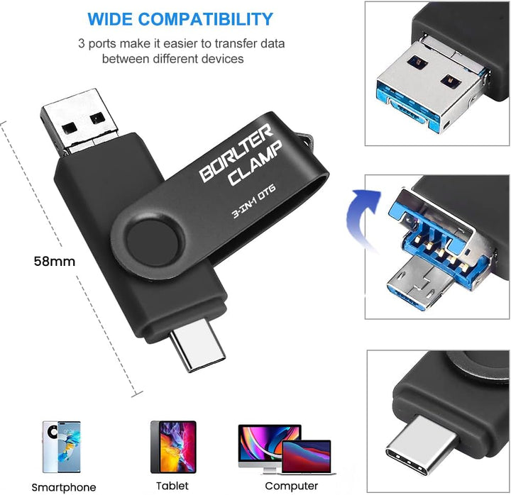64 GB USB 3.0 Flash-Laufwerk 3 in 1 Foto-Stick für Android-Handys, BORLTER CLAMP OTG Speicherstick m
