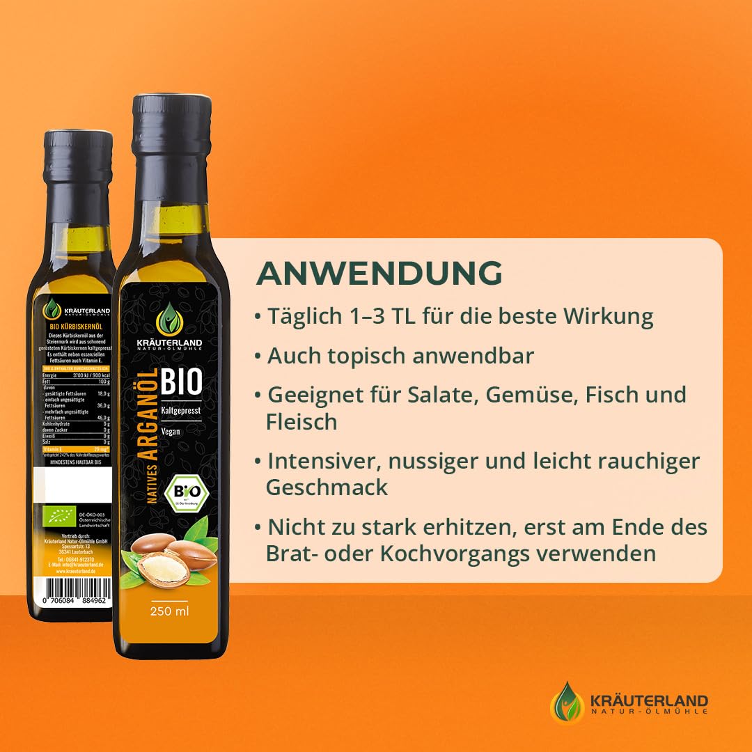 Kräuterland Bio Arganöl - Argan Speiseöl 250ml, kaltgepresst, nativ aus Marokko - ungeröstet, mild &