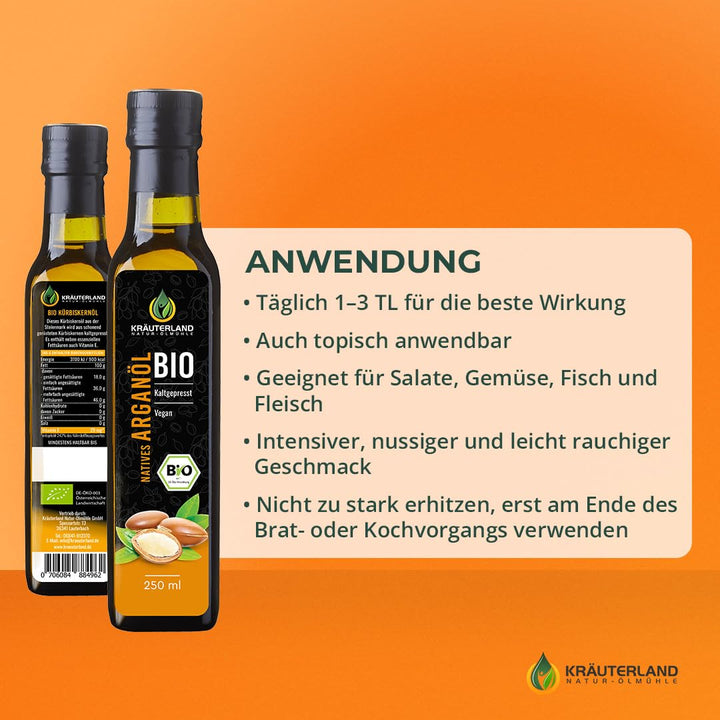 Kräuterland Bio Arganöl - Argan Speiseöl 250ml, kaltgepresst, nativ aus Marokko - ungeröstet, mild &