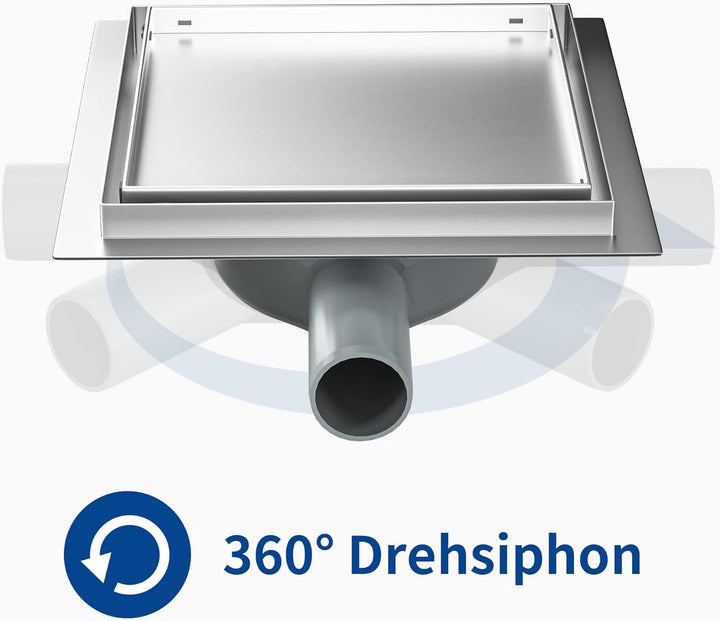 Duschrinne Quadrat 20 * 20cm, 360° Siphon mit Geruchsstop und Haarsieb 2 in1 Befliesbar Edelstahl Ab