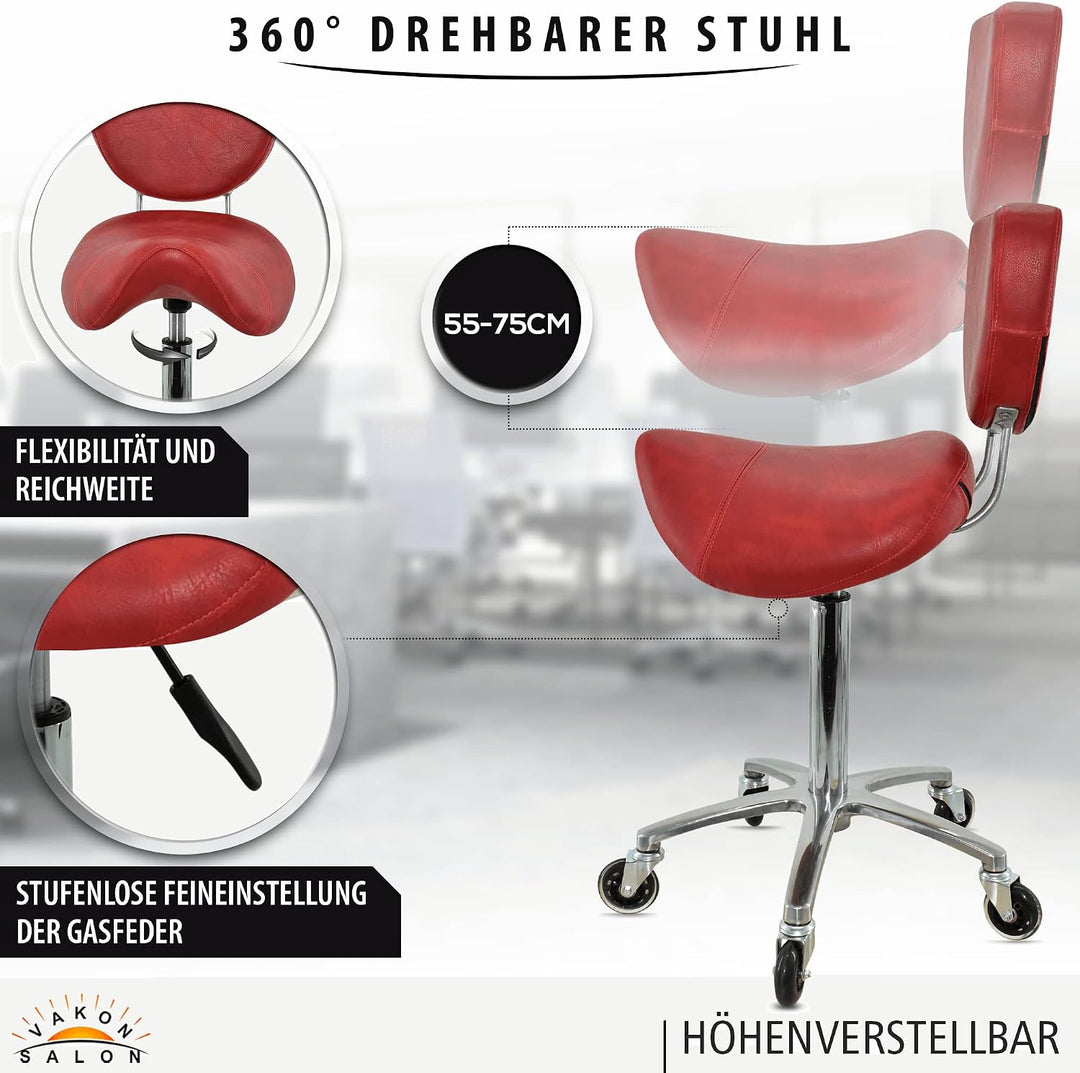 Sattelhocker mit Lehne Rot, Sattelstuhl für Rückenentlastung, Rollhocker höhenverstellbar von 55-75