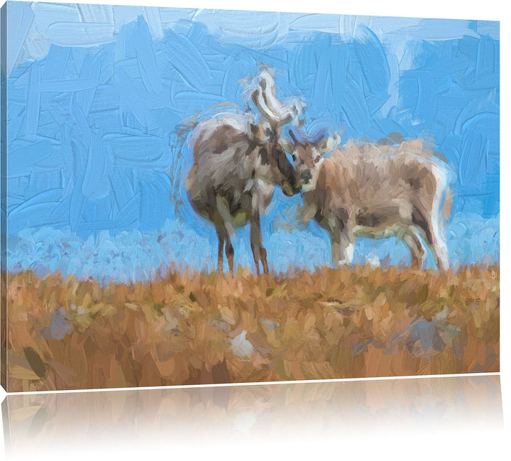 Pixxprint Rentiere die miteinander schmusen / 100x70cm Leinwandbild bespannt auf Holzrahmen/Wandbild