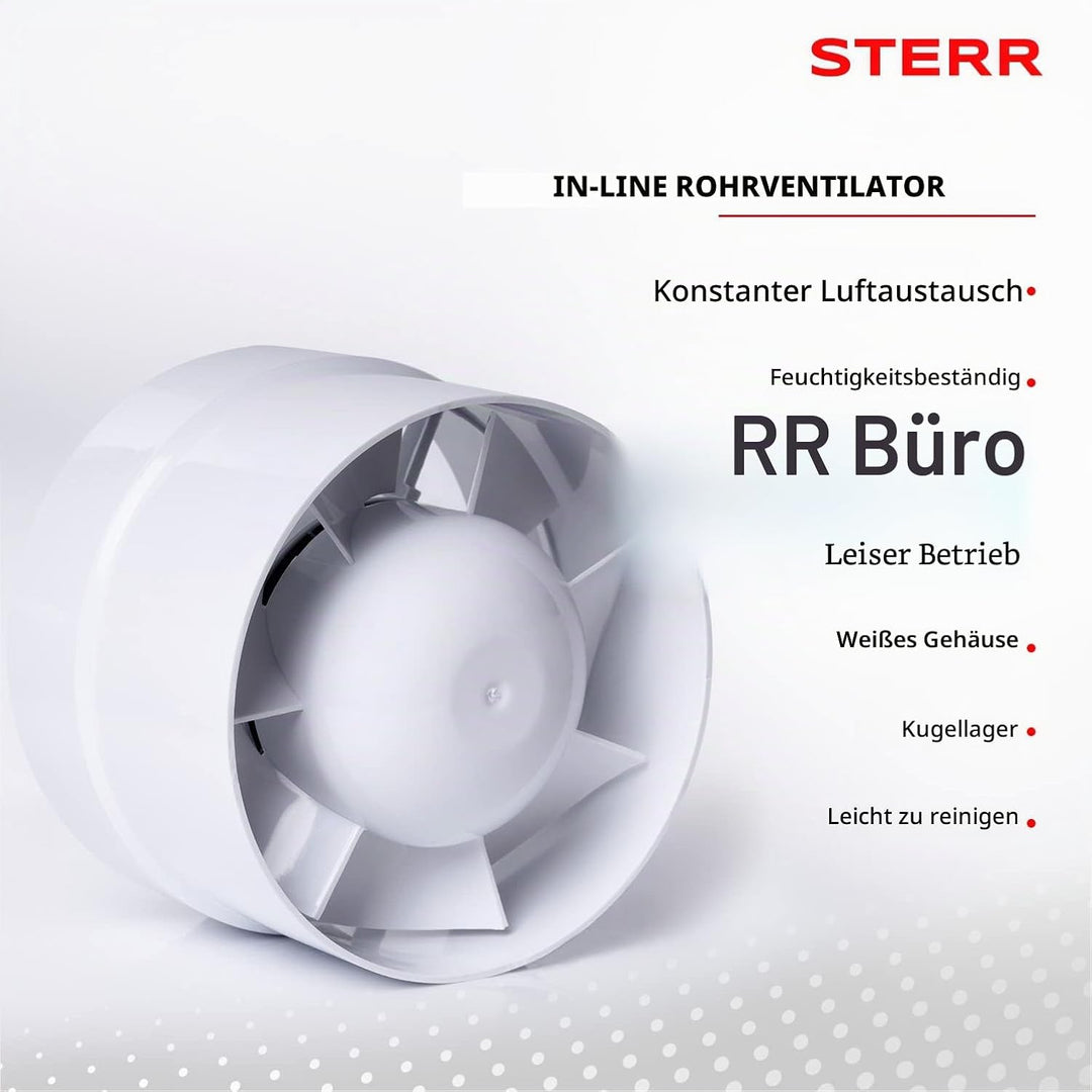STERR IDM125 Rohrventilator 125 mm - Rohrlüfter - Hohe Qualität - Leise - Für Bad WC - Küche - Gewäc