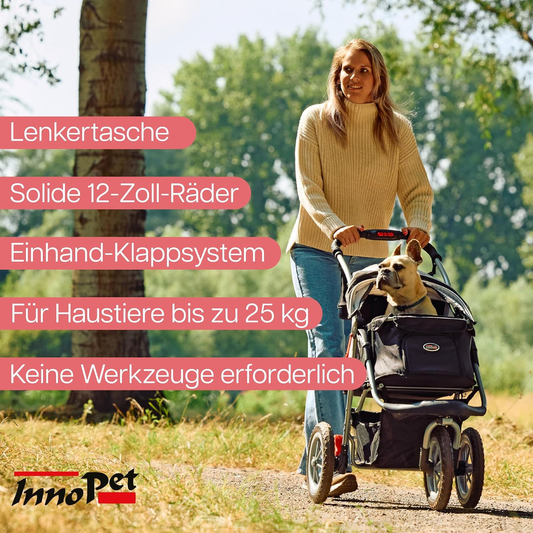 Innopet Hundebuggy Comfort Efa Eco Schwarz/Silber - Einhändig faltbarer Hunde- & Katzenwagen mit pan