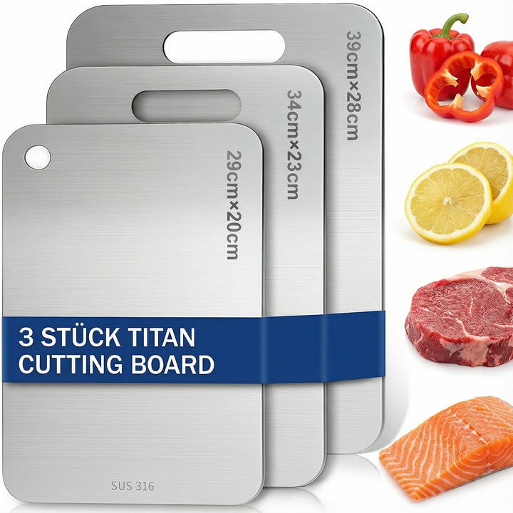3 Stück Titan Schneidebrett Set, 304 Edelstahl Titanium Cutting Board, Doppelseitiges Lebensmittel G