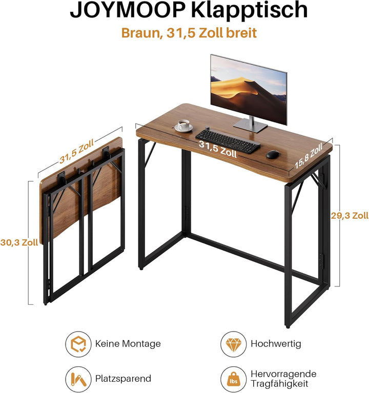 JOYMOOP 80 cm Klappschreibtisch – Braun, Keine Montage, Kleiner Faltbarer Schreibtisch für Zuhause,