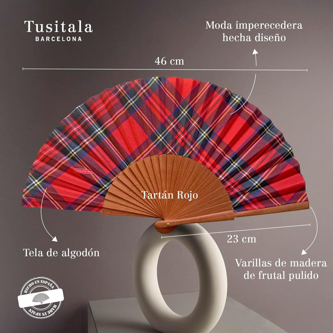 Spanischer Handfächer Tartán Rojo–Holz und Baumwolle–23 cm–Etui und Hülle aus Jute–Modeaccessoire–Ha
