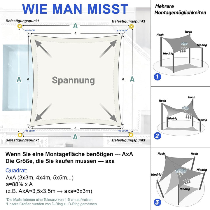 LOVE STORY Sonnensegel Wasserdicht 3x3m Quadrat PES Polyester Sonnenschutz Windschutz Balkon Terrass