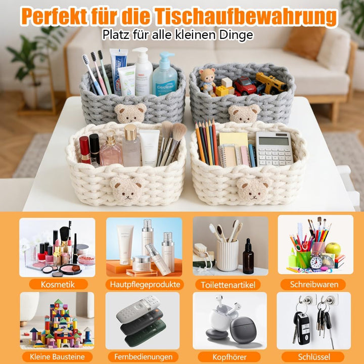 2 Stück Aufbewahrungskorb Geflochten mit Bärenmotiv Baumwolle Strickkorb, Häkelkorb, Klein Organizer