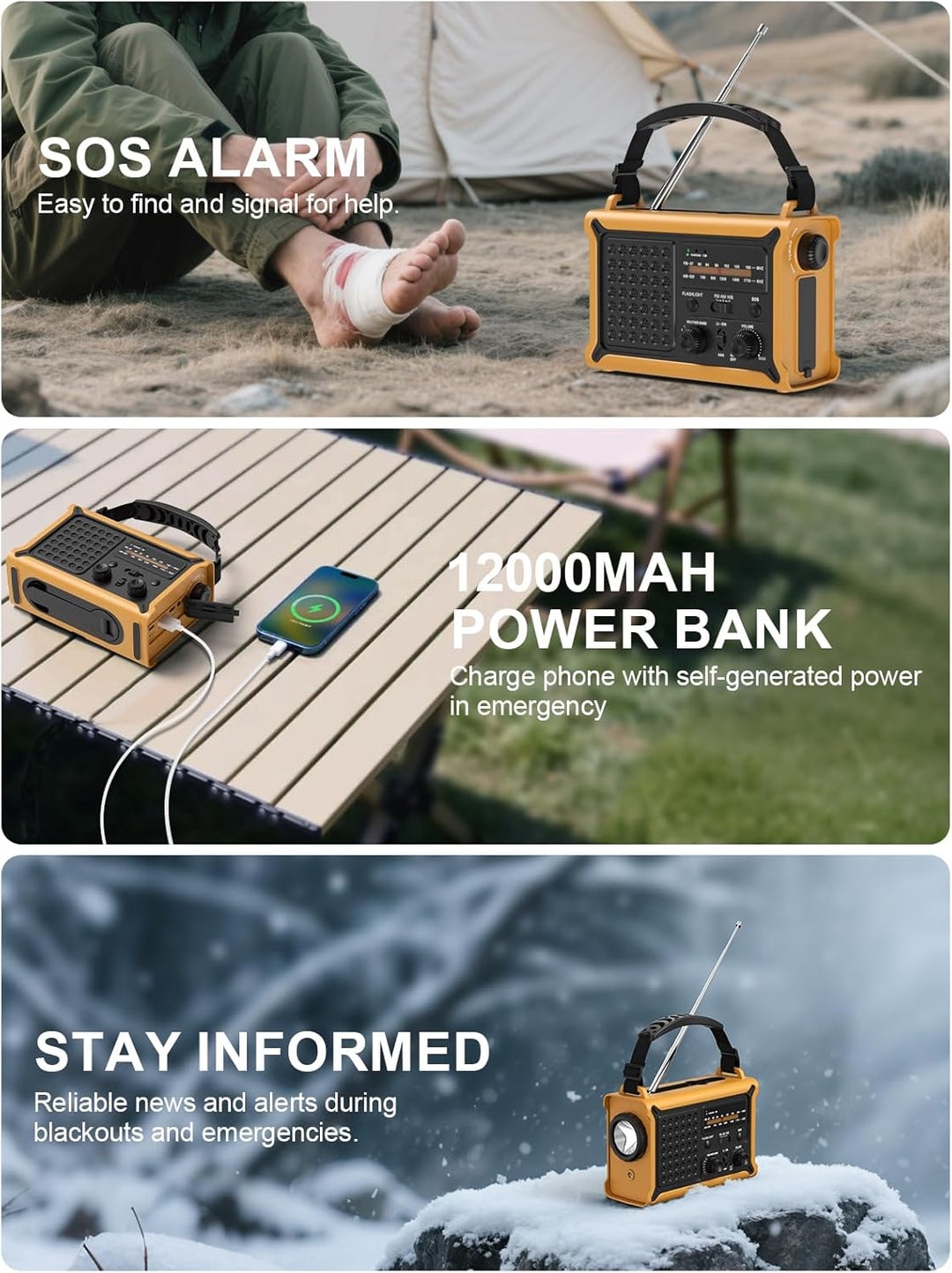 ROCAM 12000mAh Kurbelradio, Notfallradio mit 8500mm² Solarpanel & 650mA Handkurbel, Tragbar Solar Dy