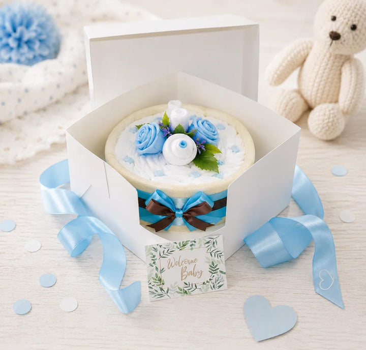 dubistda© Windeltorte CAKEBOX für Jungen blau | Geschenk für Jungs zur Geburt Babyparty Babyshower (