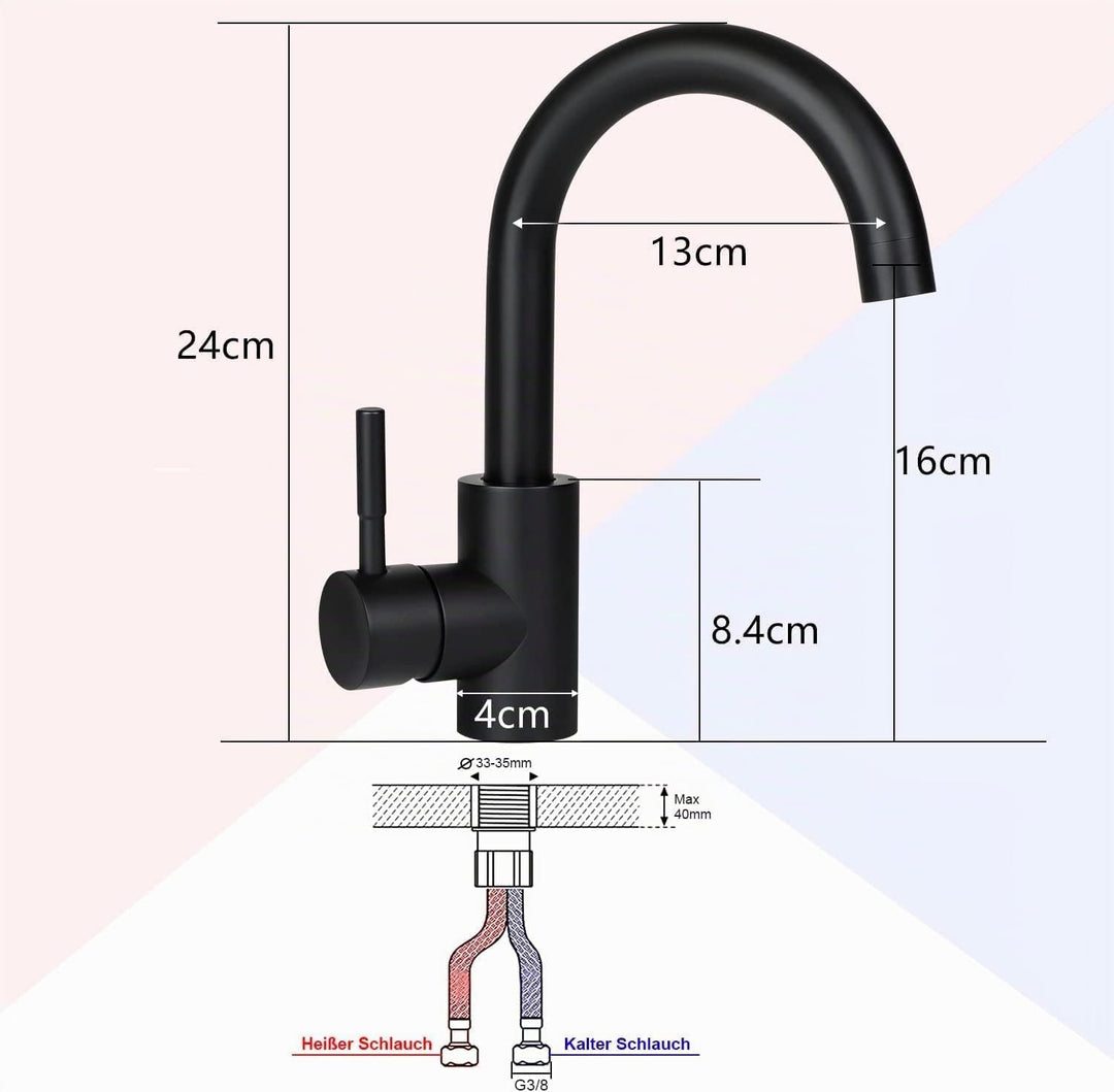 Wasserhahn Bad Waschtischarmatur Waschbecken - Armatur Schwarz Warm- und Kaltwasserhahn 360° Drehbar