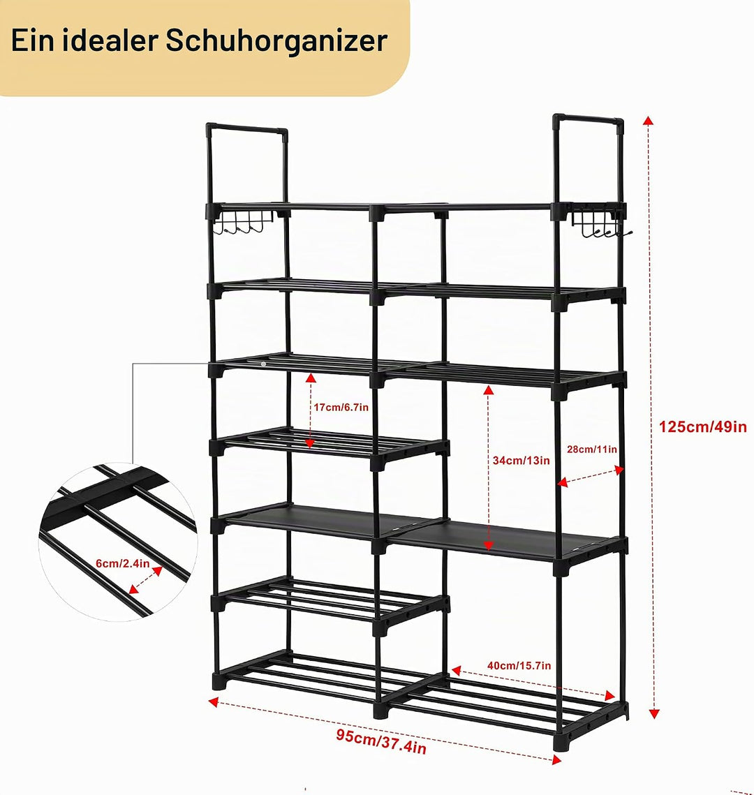 WOLTU Schuhregal, 7 Ebenen Schmal Schuhregal Metall Schwarz 12 Ebenen 95x128x28cm, Schwarz 12 Ebenen