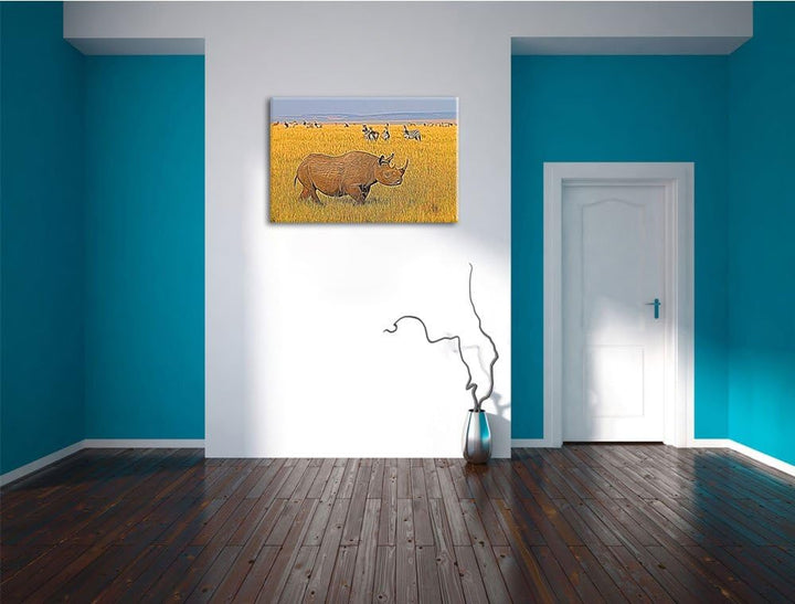 grosses Nashorn mit Zebrahorde Spezial Format: 100x70 cm auf Leinwand, XXL riesige Bilder fertig ger
