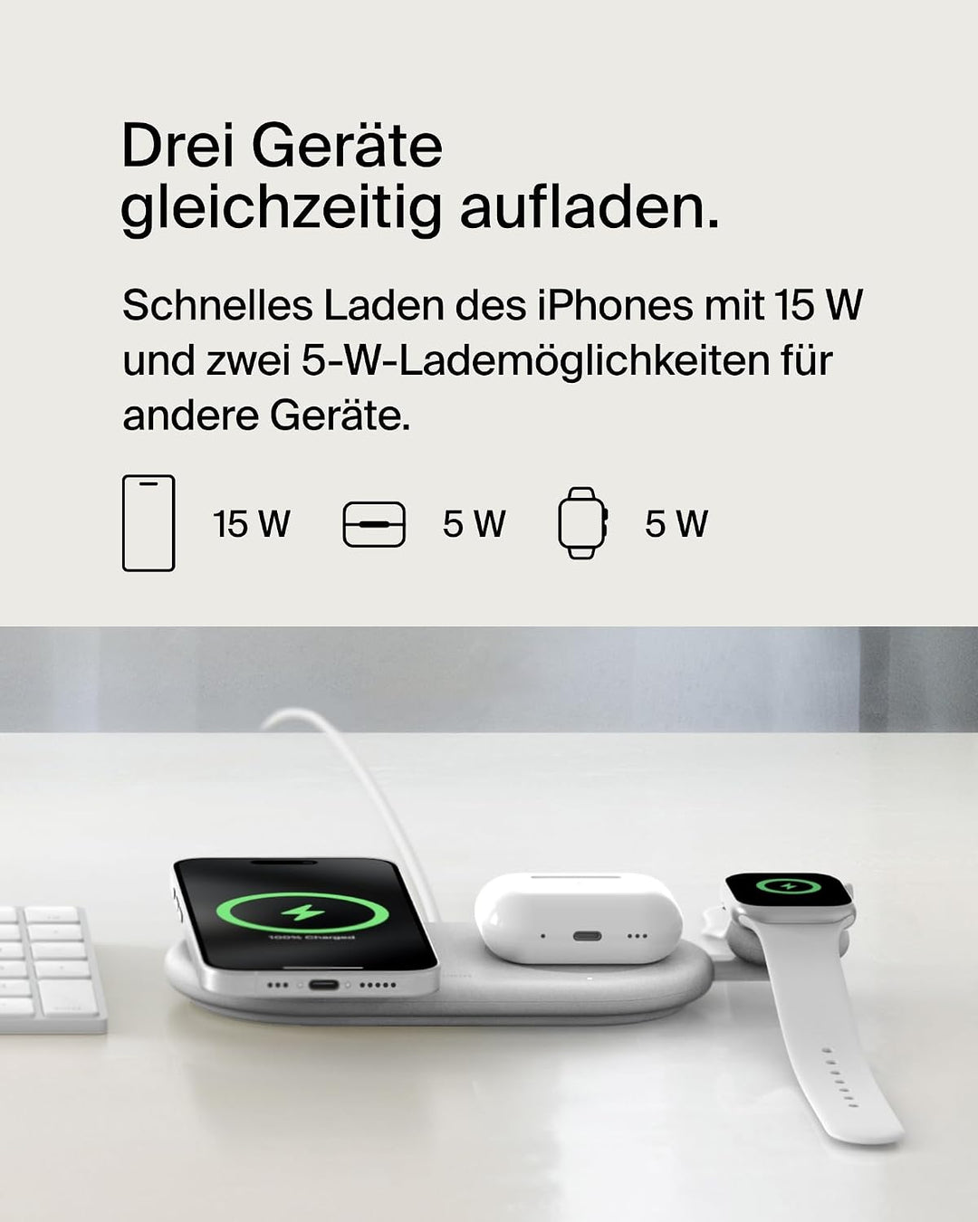 Belkin BoostCharge Pro kabellose 3-in-1-Ladestation mit magnetischem Qi2, 15 W, Schnellladegerät, Wi