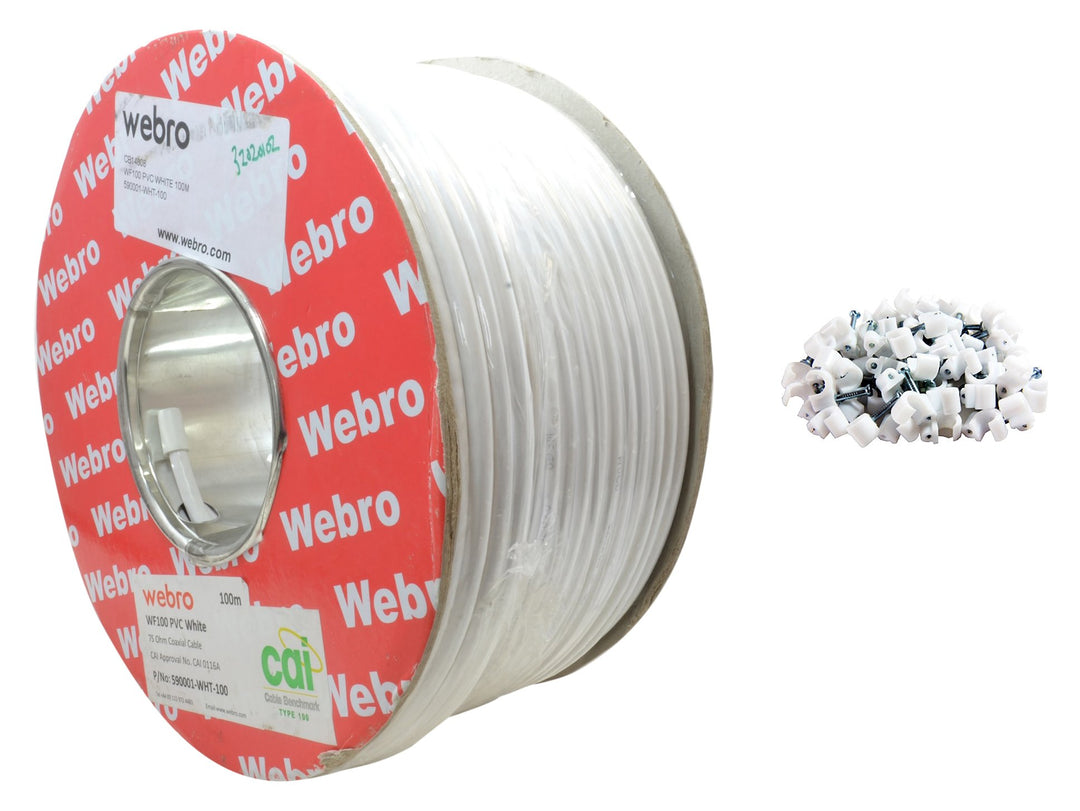 Webro WF100 Koaxialkabel und Clips, 50 m, Weiss 50 m Weisse Clips, 50 m Weisse Clips