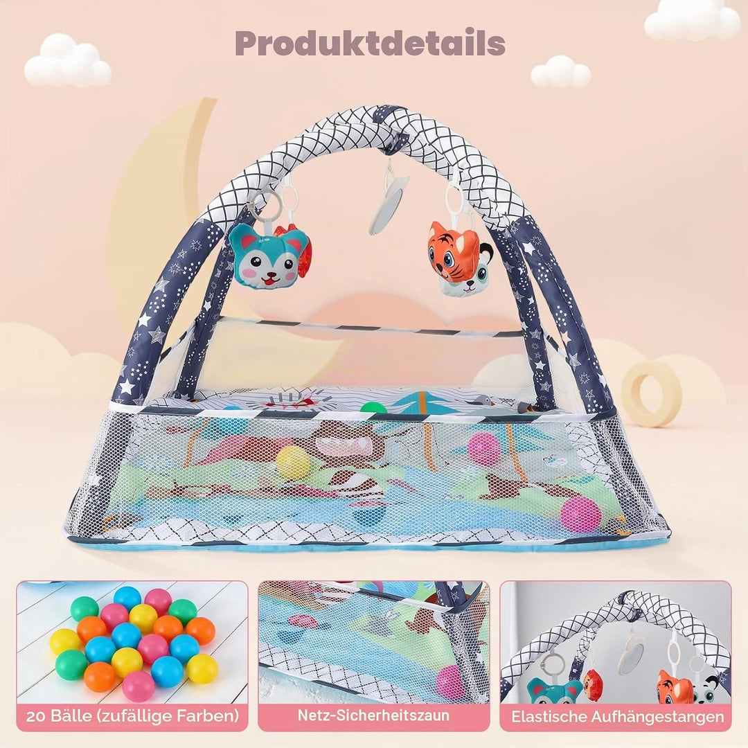 Baby-Spielmatte &amp; Activity-Center mit integriertem Schutzrand, Spielzeug, Spiegel und Bällen – Boden