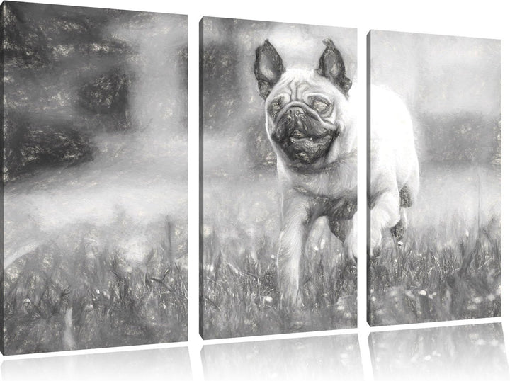 Pixxprint Rennender Mops Kunst als Leinwandbild/Grösse: 3 Teilig (120x80) / Wandbild/Kunstdruck/fert