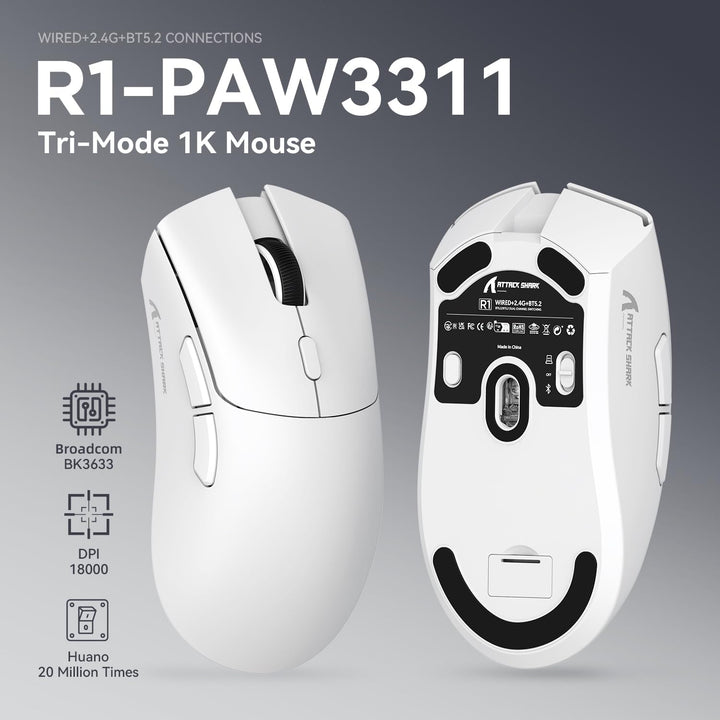 ATTACK SHARK R1 59g Superlight Maus, PixArt PAW3311 Gaming-Sensor, BT/2,4G kabellose/kabelgebundene