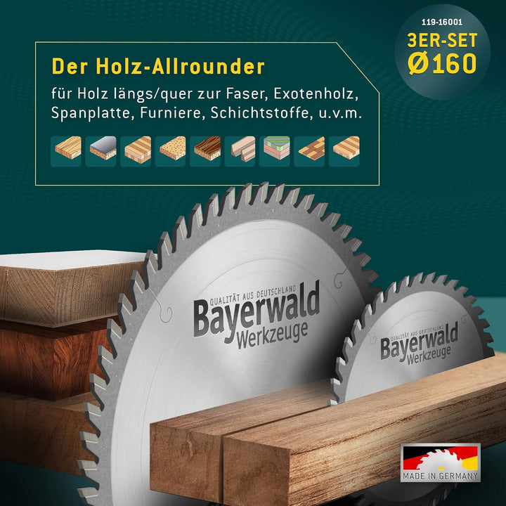 Bayerwald Kreissägeblatt Set Ø 160 (3 tlg.) - für NE-Metall &amp; Holz - geeignet für Tischkreissägen vo