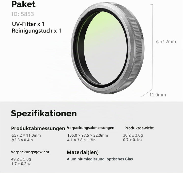 SmallRig UV-Filter für FUJIFILM X100VI / X100V, 99% Lichtdurchlässigkeit, optisches Glasobjektiv, wa