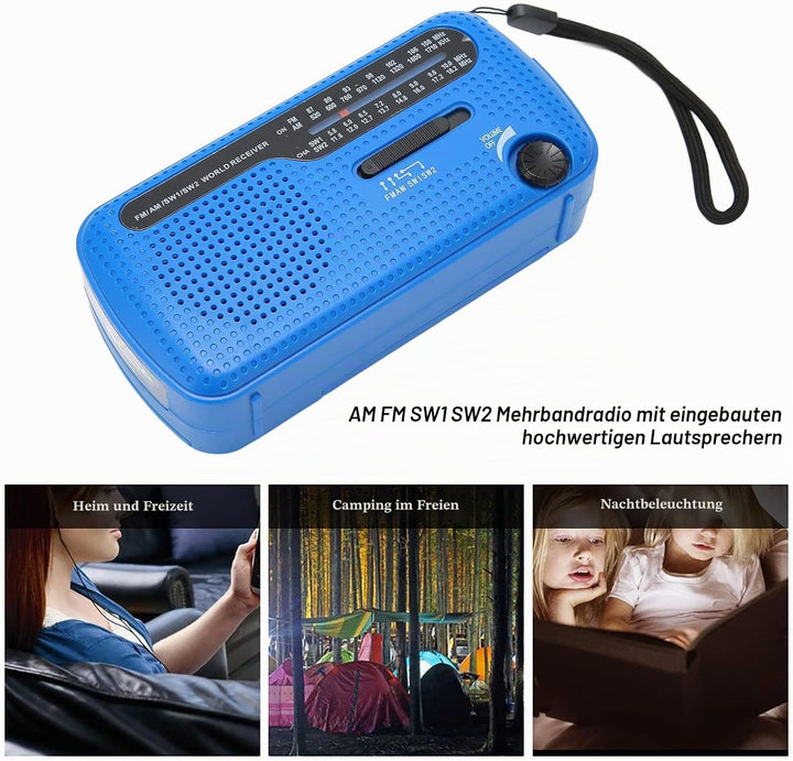 Notfall-Handkurbelradio Solar-Wind-Up-Radios mit USB-Handy-Ladegerät, Taschenlampe, tragbares AM/FM-