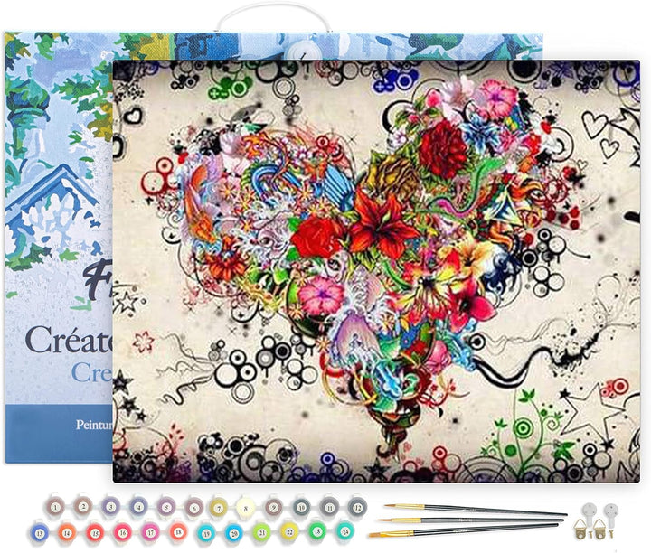 Figured'Art Malen Nach Zahlen Erwachsene Mit Rahmen Blumenherz - Paint by Numbers Basteln DIY Bastel