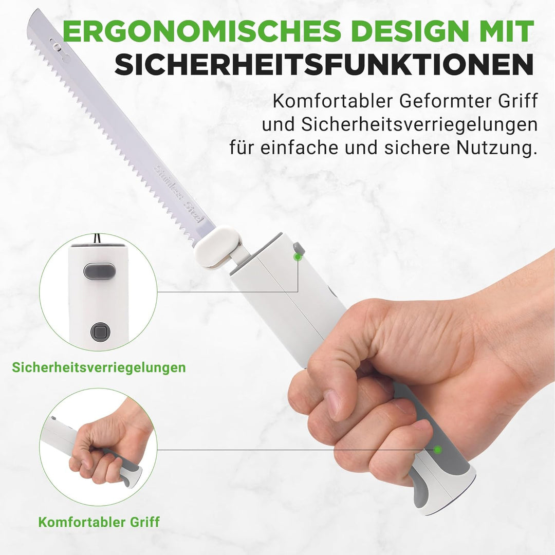 Nutrichef Elektrisches Küchenmesser – Akku-Messer mit Edelstahlklingen, USB-C, Weiss Für Truthahn, F