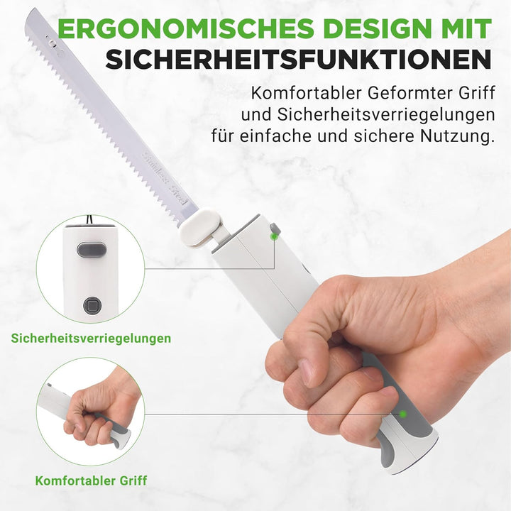 Nutrichef Elektrisches Küchenmesser – Akku-Messer mit Edelstahlklingen, USB-C, Weiss Für Truthahn, F
