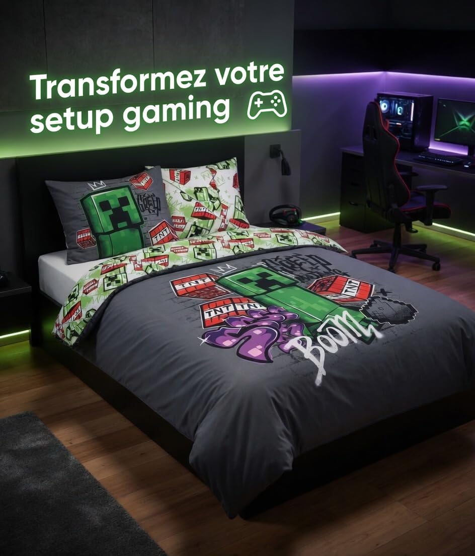 Parure de lit double réversible Minecraft - 220 cm x 240 cm