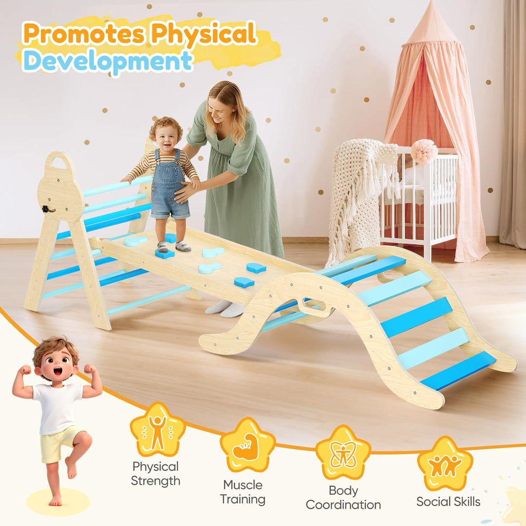 7-in-1 Montessori Klettergerüst Indoor, Kletterdreieck mit Rutsche & Kletterbogen, stabiles Holzklet