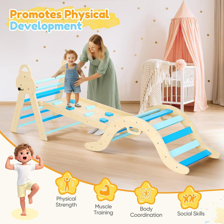 7-in-1 Montessori Klettergerüst Indoor, Kletterdreieck mit Rutsche & Kletterbogen, stabiles Holzklet